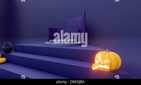 3D rendering, rappresentazione 3D, podio viola e nero e sfondo astratto minimo per Halloween, Foto Stock