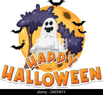 Felice logo di Halloween con illustrazione fantasma Illustrazione Vettoriale
