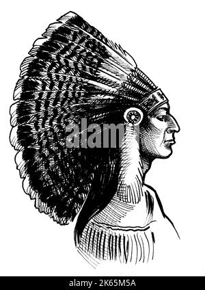 Capo nativo americano in headwear tradizionale. Disegno in bianco e nero a inchiostro Foto Stock