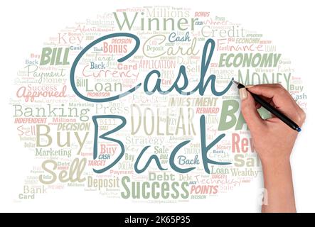 Nuvola di parole con parole cash back con mano e penna. Incentivo offerto agli acquirenti un certo prodotto per cui ricevono denaro contante. Foto Stock