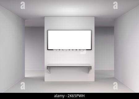 Vista frontale della galleria moderna e poster vuoto su pareti in cemento. Astratto vuoto interno stanza bianca. Beffa. Rendering 3D Foto Stock