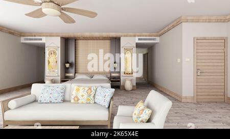Camera resort 3D render. Visualizzazione del design degli interni delle camere da letto in stile tropicale e minimalista. Foto Stock