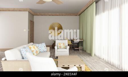 Camera resort 3D render. Visualizzazione del design degli interni delle camere da letto in stile tropicale e minimalista. Foto Stock