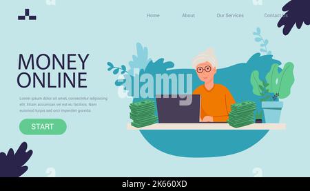 Landing page Cheeky Granny gioco d'azzardo utilizzando il computer per guadagnare soldi. Nonna anziana a casa gioco sconsiderato casinò online, donna anziana fa essere Illustrazione Vettoriale