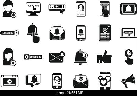 Le icone di sottoscrizione impostano un vettore semplice. Freccia del pulsante. Social media Illustrazione Vettoriale