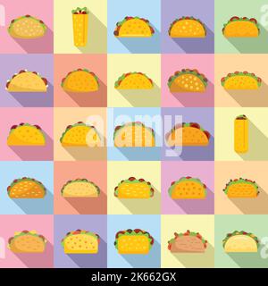 Le icone Taco impostano il vettore piatto. Menu del cibo. Manzo messicano Illustrazione Vettoriale