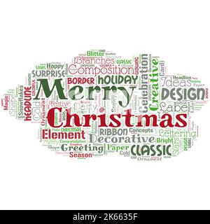 Nuvola di parole grandi a forma di nuvola con Words Buon Natale. Tradizione annuale per celebrare la nascita di Gesù Cristo Illustrazione Vettoriale