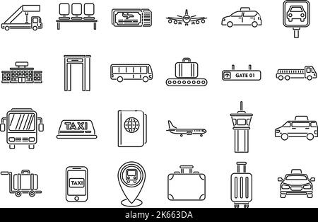 Le icone di trasferimento AirPort impostano il vettore di contorno. Volo perso. Bagaglio a tempo Illustrazione Vettoriale