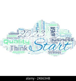 Nuvola di parole grandi a forma di UFO con parole 2023 inizio. Ricordare gli eventi dello scorso anno azioni principali o buoni spettacoli. Impostare i vostri obiettivi e piani per Illustrazione Vettoriale