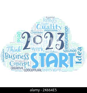 Nuvola di parole grandi con parole 2023 inizio. Ricordare gli eventi dello scorso anno azioni principali o buoni spettacoli. Impostare i vostri obiettivi e piani per l'anno in corso o. Illustrazione Vettoriale
