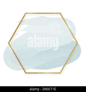 Cornice esagonale luminosa dorata con pennellate pastello blu e gocce bianche isolate su sfondo bianco. Confine Golden Luxury Line per invito Illustrazione Vettoriale