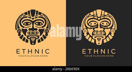 Logo etnico maschera. Aztec e logo Mayan maschera per il business. Design vettoriale culturale in stile minimalista. Illustrazione Vettoriale