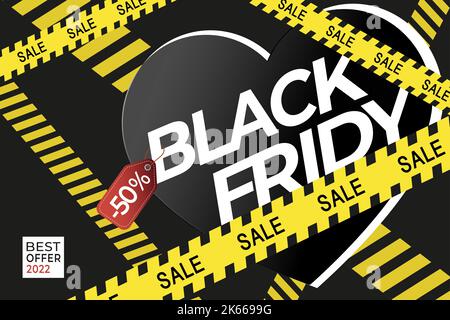 banner orizzontale black friday con cuore e nastri gialli Illustrazione Vettoriale