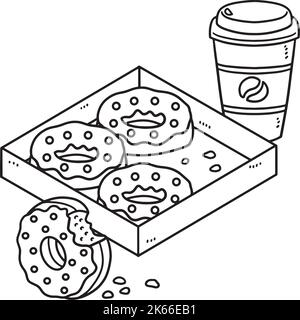 Scatola di ciambelle e caffè isolato colorazione pagina Illustrazione Vettoriale