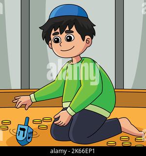 Hanukkah Boy giocare Dreidel colorato Cartoon Illustrazione Vettoriale