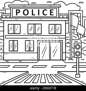 Pagina da colorare della stazione di polizia per i bambini Illustrazione Vettoriale