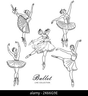 Ballerina femminile Set di disegno a linea continua di colore nero. Ragazze e figure danzanti. Illustrazione Vettoriale