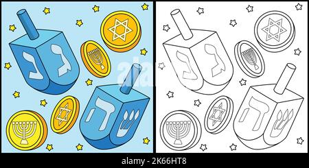 Hanukkah Dreidel e monete colorazione Illustrazione Illustrazione Vettoriale