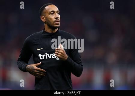 Pierre-Emerick Aubameyang del Chelsea FC durante il warm up prima della partita del gruppo e della UEFA Champions League tra l'AC Milan e il Chelsea FC allo stadio Giuseppe Meazza il 11 ottobre 2022 a Milano. Foto Stock