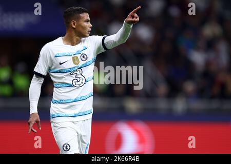 Milano, Italia. 11th Ott 2022. Thiago Silva del Chelsea FC gesta durante la partita di calcio UEFA Champions League Group e tra AC Milan e Chelsea FC allo Stadio Giuseppe Meazza il 11 ottobre 2022 a Milano. Credit: Marco Canoniero/Alamy Live News Foto Stock