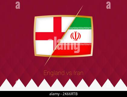 Inghilterra vs Iran, scena di gruppo icona della competizione di calcio su sfondo borgogna. Icona vettore. Illustrazione Vettoriale