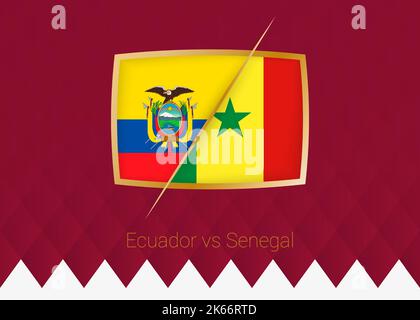 Ecuador vs Senegal, palcoscenico di gruppo icona della competizione di calcio su sfondo borgogna. Icona vettore. Illustrazione Vettoriale