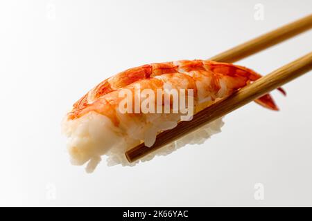 Sushi al gambero della tigre nera su sfondo bianco Foto Stock