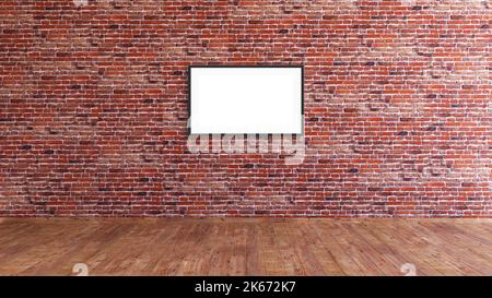 Un telaio orizzontale mockup su una parete di mattoni rossi con pavimento in legno 3D rendering illustrazione Foto Stock