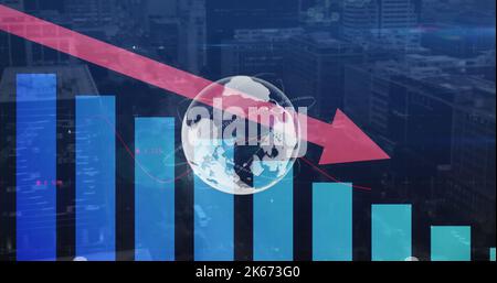 Immagine della freccia rossa con elaborazione statistica sulla mappa mondiale Foto Stock