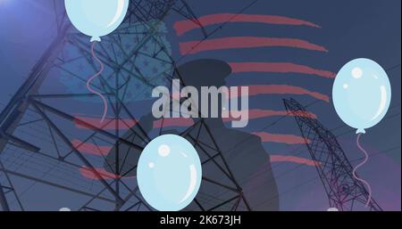 Composito di palloncini, salutatura solder, bandiera d'america su vista a basso angolo della torre di trasmissione Foto Stock