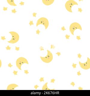 Motivo senza cuciture con carina luna kawaii e stelle su sfondo bianco. Tessuto vettoriale disegnato a mano per carta da imballaggio, stampa in tessuto, tessuto per bambini, copertina, Illustrazione Vettoriale