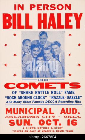 Bill Haley & His Comete 1955 Concert Poster con Elvis Presley come atto di apertura non elencato. Scheda finestra. Oklahoma City. Foto Stock