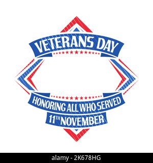 Cornice vettoriale per Veterans Day con spazio copia vuoto per le congratulazioni, etichetta rombo con illustrazione di nastri festosi blu, stelle decorative rosse Illustrazione Vettoriale