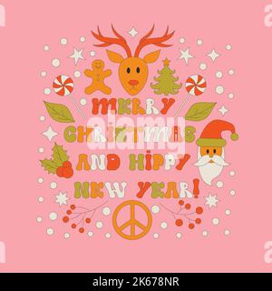 Retro 70s stile Natale testo con elementi xmas. Illustrazione Vettoriale