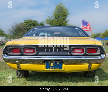 FRANKENMUTH, MI/USA - 5 SETTEMBRE 2014: Un'auto Dodge Challenger 1972, Frankenmuth Auto Fest, Heritage Park. Foto Stock