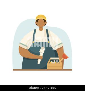Illustrazione vettoriale di un idraulico in un modulo con attrezzi. Professione. Stile piatto Illustrazione Vettoriale