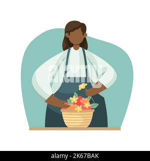 Illustrazione vettoriale di un fioraio che costituisce un bouquet. Professione. Stile piatto Illustrazione Vettoriale