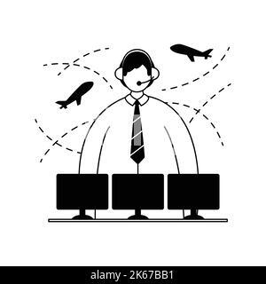 Illustrazione vettoriale di un controller del traffico aereo con una cuffia sulla testa davanti ai monitor. Professione. Line art Illustrazione Vettoriale
