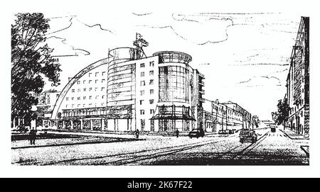 Schizzo architettonico di un edificio a più piani. Disegno a matita a mano libera. Vettore Illustrazione Vettoriale