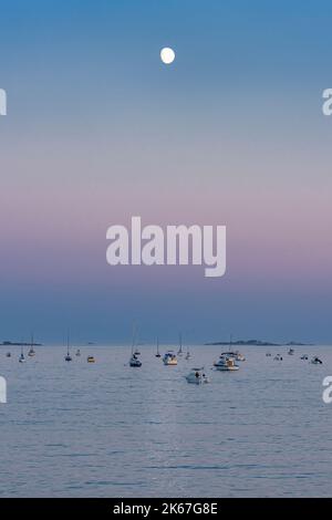 89% illuminato Cacciatori Luna Rosa Blu e Lavanda Sky Rising Over the Channel Foto Stock