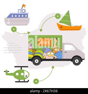 Ordine di illustrazione vettoriale i giocattoli del capretto. Consegna rapida in auto dal negozio. Shopping online. Ordinazione di articoli su Internet. Acquista online da casa. Felice Illustrazione Vettoriale