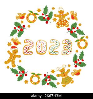 Felice anno nuovo buon Natale vettore illustrazione divertente cartoni animati gingerbread uomo, mistletoe, uccello, wreath di Natale, numeri 2023 su sfondo bianco. Ver Illustrazione Vettoriale