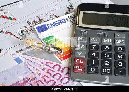 Primo piano di lampadina, calcolatrice, tabella di efficienza energetica e matita oltre 500 banconote in euro. Concetto per l'aumento del costo dell'elettricità. Scad Foto Stock