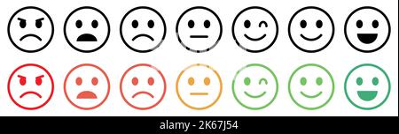 Set di emoticon con diversi stati d'animo. Male, orribile, normale, buono, eccellente. Collezione Emoji Faces. Illustrazione Vettoriale