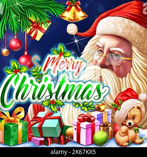 Buon Natale, ritratto di babbo natale, orsacchiotto, regali di natale e decorazioni Foto Stock