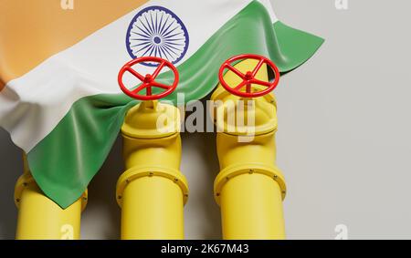 Bandiera dell'India che copre una tubazione del carburante per petrolio e gas. Concetto di industria petrolifera. Rendering 3D Foto Stock