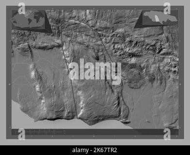 Manchester, parrocchia della Giamaica. Mappa altimetrica bilivello con laghi e fiumi. Posizioni delle principali città della regione. Mappe delle posizioni ausiliarie degli angoli Foto Stock