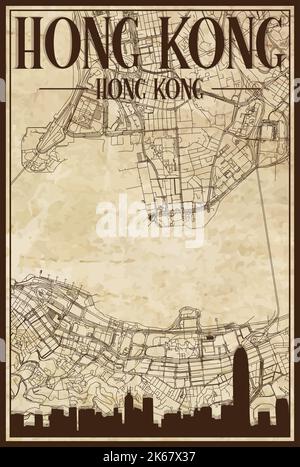 Marrone vintage stampa a mano mappa di rete strade del centro DI HONG KONG, CINA con lo skyline della città marrone 3D e scritte Illustrazione Vettoriale