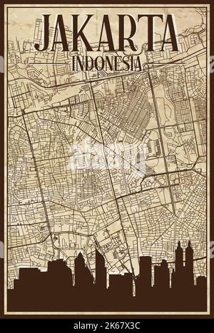 Carta marrone vintage stampata a mano della rete stradale del centro DI GIACARTA, INDONESIA, con lo skyline marrone della città del 3D e scritte Illustrazione Vettoriale