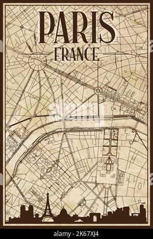 Marrone vintage stampa mano-disegnata mappa di rete strade del centro DI PARIGI, FRANCIA con lo skyline della città marrone 3D e la scritta Illustrazione Vettoriale